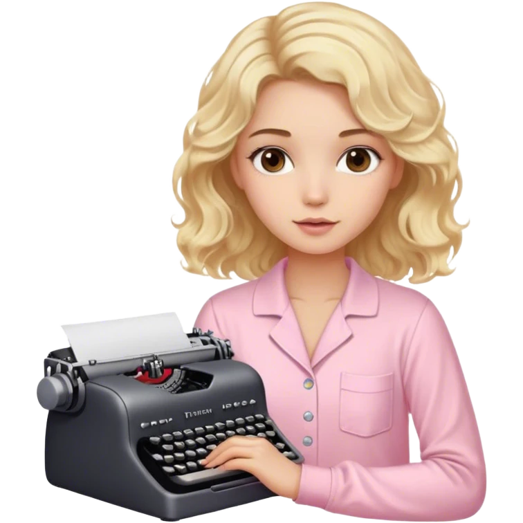 Blonde model with brown eyes, wavy hair, pastel pink pajamas, typewriter emoji