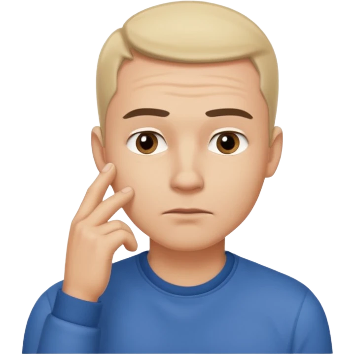 A clean-shaven man in casual clothing thinking critically, touching his chin with one hand, eyebrows slightly furrowed, focused and analytical expression. Neutral background, soft lighting, realistic emoji style. emoji