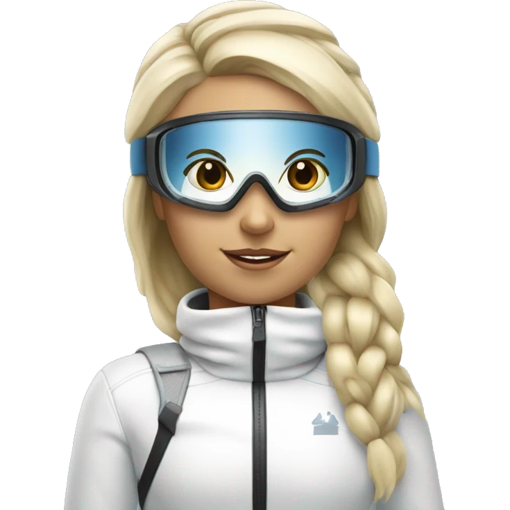blonde girl skiing with white ski outfit wearing ski goggles emoji