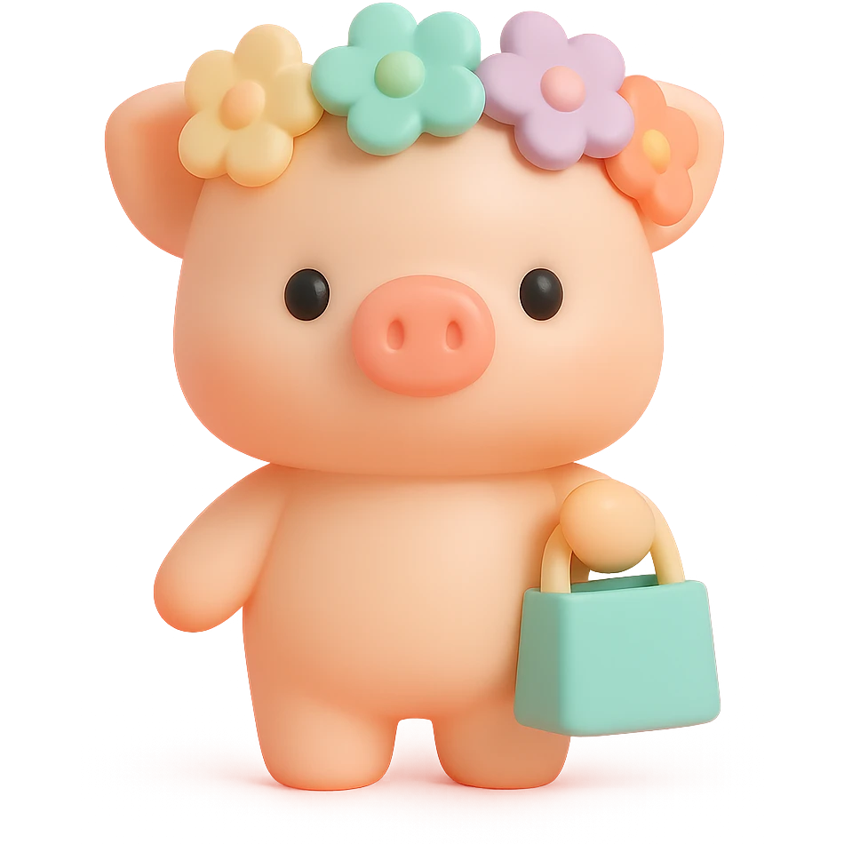 piglet with flower crown and gift bag, vinyl figure style emoji