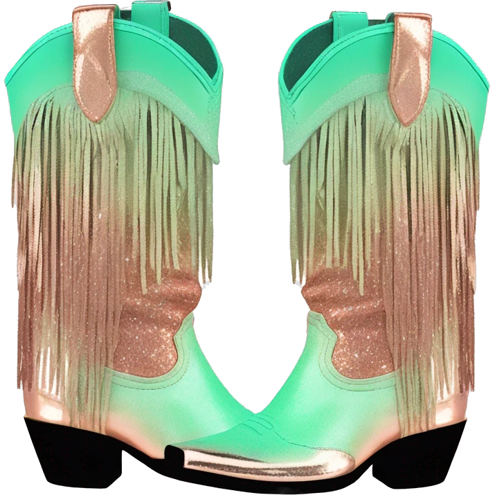 Realistic rose gold and mint green ombre pair of fashion cowgirl boots with sparkly shiny glitter fringe on them. emoji