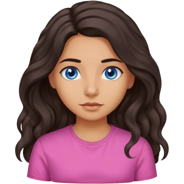 Girl with olive skin, blue eyes and dark very wavy long hair pink shirt emoji