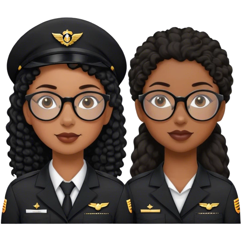 femme pilote d'avion en uniforme noir aux cheveux bouclés noir et petites lunettes arrondis identique avec des cheveux très long et la peau noir mais légèrement plus claire avec les cheveux attachés in a ponytail 1 seule personne, cheveux moins épais  emoji