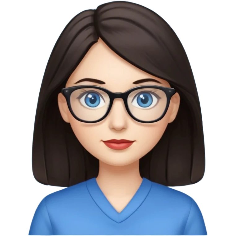 long dark hair, blue eyes, glasses teacher female, eyelashes emoji