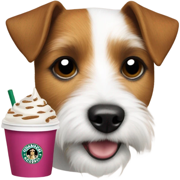Parson Russell terrier head with a pup cup from Starbucks emoji