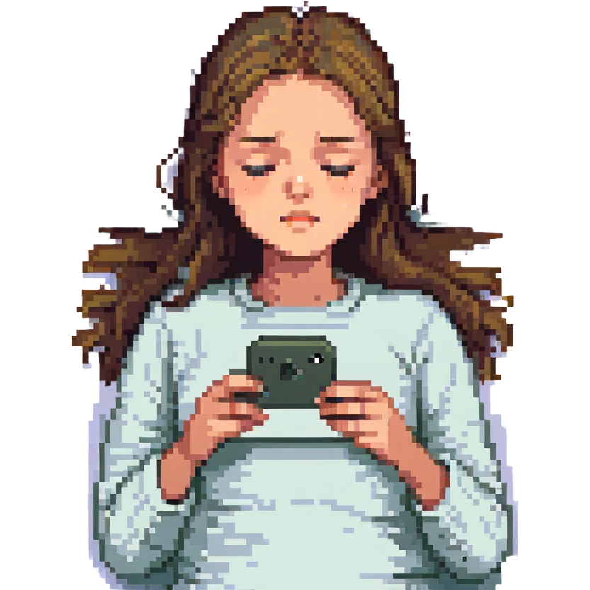 A girl lying in bed, staying up late playing on her phone. She looks exhausted, with dark circles under her eyes and appears very tired emoji