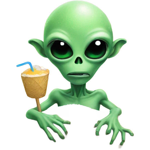 alien holding a small straw next to a mound of snow emoji