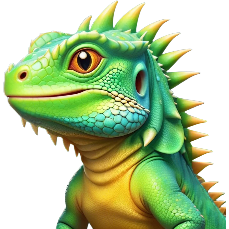 Cinematic Cute Iguana Portrait Emoji, Head tilted playfully and inquisitively, featuring a delightfully vibrant, textured body with a subtle spiky crest and large, sparkling eyes full of gentle wonder, Simplified yet irresistibly adorable features, highly detailed, glowing with a warm, inviting jungle glow, high shine, affectionate and lively, stylized with a touch of whimsical reptilian charm, soft glowing outline, capturing the essence of a mischievous yet loving iguana that seems as if it could scurry out of the screen into your arms! emoji