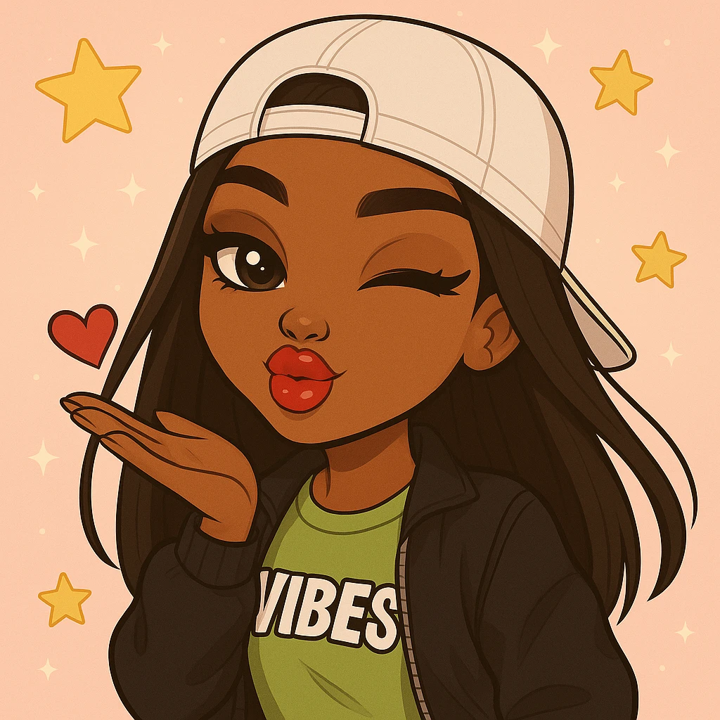Make her wink while blowing a kiss, headshot only, keep her as a 20-year-old anime Bratz style woman with dark skin, dark hair, trendy streetwear, big expressive eyes, glossy lips, and a happy expression. No tears. emoji