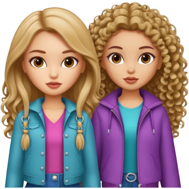 2 pretty bratz fair girls. One has straight hair and is tan. One is fair with curly hair emoji