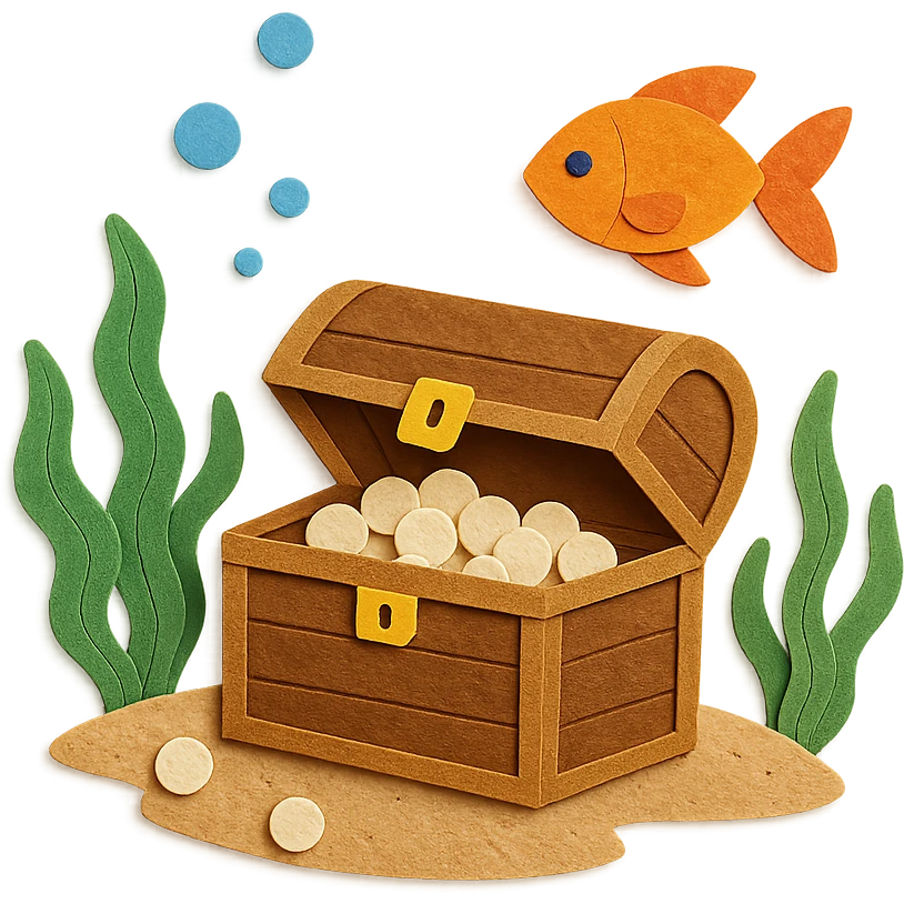 treasure chest underwater with pearls, seaweed, and fish, layered paper effect, paper-craft style emoji