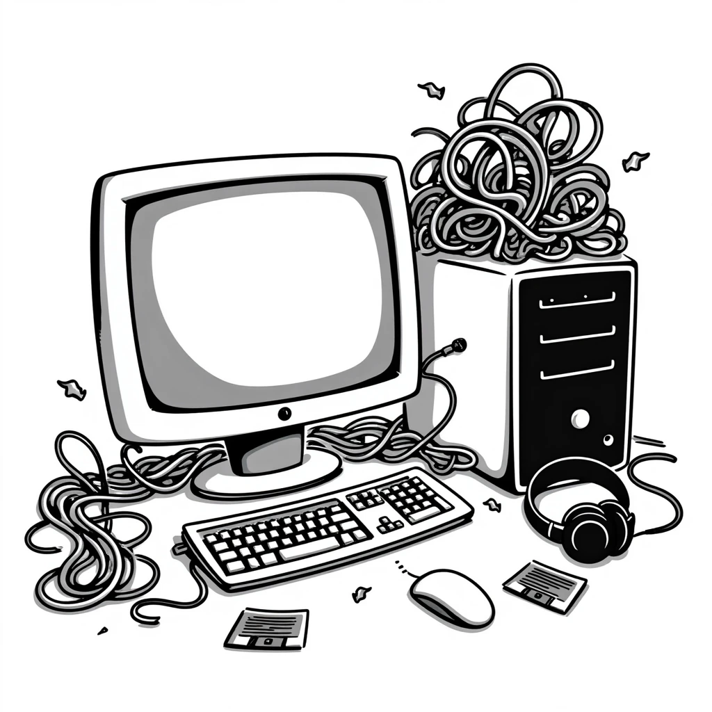 A messy desk full of cables, floppy disks, and a 2000s PC emoji