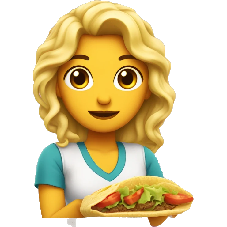 chica linda con pelo ondulado largo, comiendo un taco emoji