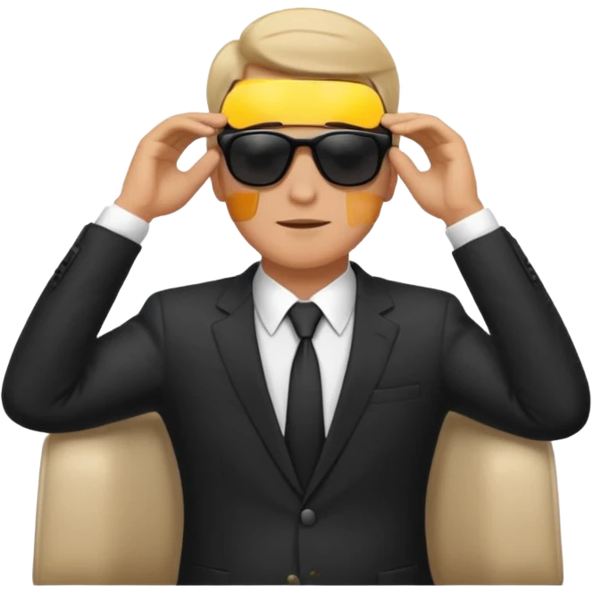white man in formal suit wearing sunglasses resting with hands behind head emoji