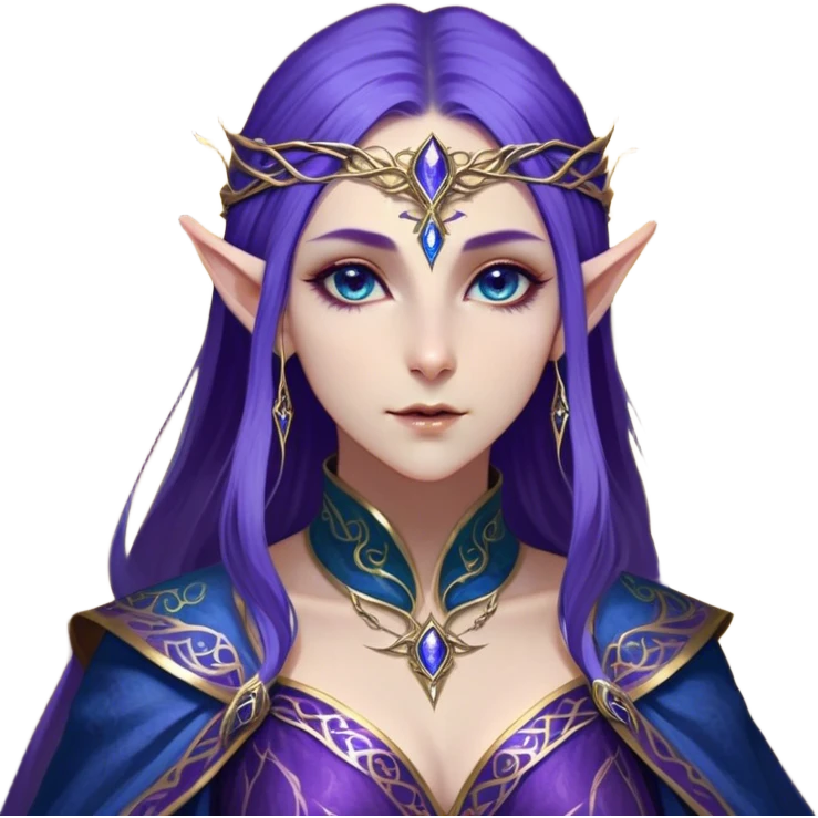 Cinematic Realistic WoW Elf Mage Portrait, depicted with ethereal, otherworldly beauty and refined arcane mastery. Clad in an intricately detailed robe in consistent deep blues and purples accented with shimmering gold filigree, her luminous, porcelain-like skin and delicate features evoke timeless elegance. Her piercing, mystical eyes radiate ancient wisdom, rendered with lifelike texture and subtle, magical lighting, high shine, noble and majestic, capturing the essence of a legendary elven sorceress. emoji