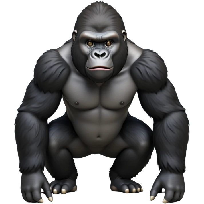 cinematic-friendly gorilla-realistic-full-body-crouched on all fours-emoji,-broad-and-powerful-frame-poised-with-confidence,-massive-arms-hanging-slightly-forward,-head-tilted-thoughtfully,-thick-black-fur,-deep-dark-eyes-full-of-intelligence,-simplified-yet-realistic emoji