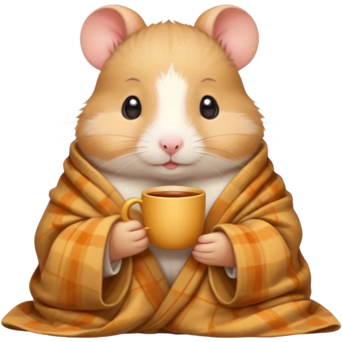 Cute cartoon-style hamster wrapped in a cozy blanket, holding a cup of tea, relaxed expression. Painterly shading, white background, sticker-style illustration emoji