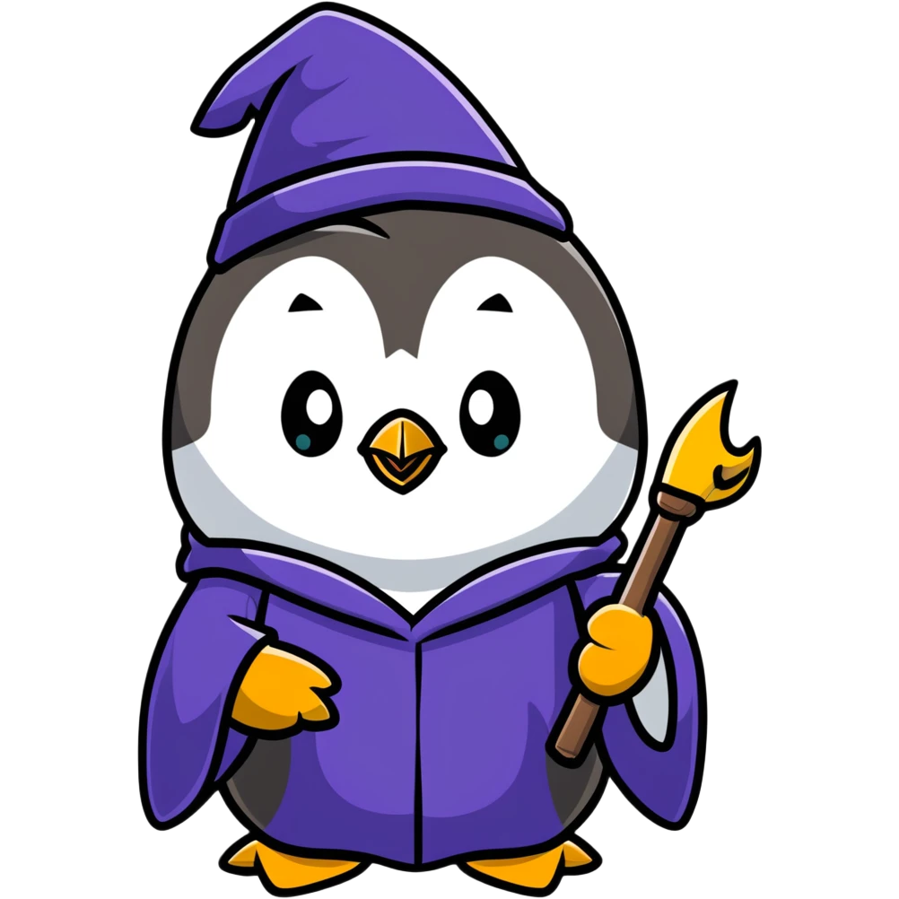 cartoonish penguin wizard casting a spell emoji
