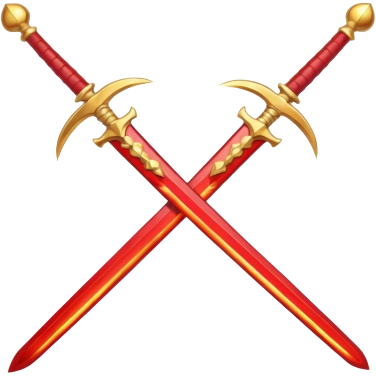 Two crossed swords that are golden in blade and handle and have fiery and royal appearence to them as well as red gem stones emoji