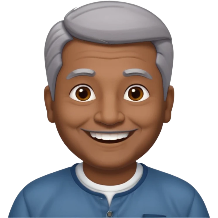 50 yr old indian man, dark skin, grey hair, big smile, white teeth, chubby, no moustache, clean shaven, young style hair, hair brushed back, 5 oclock shadow emoji