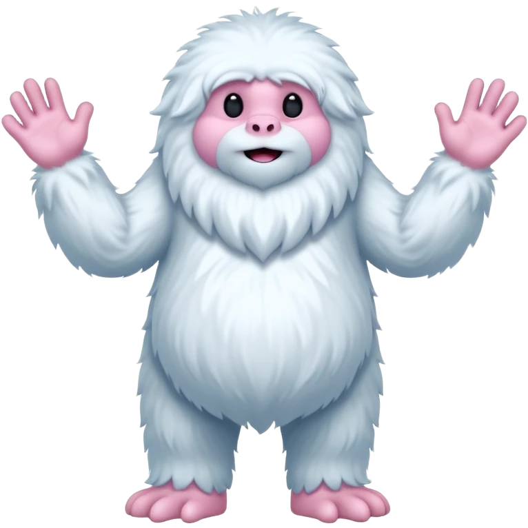 A fluffy, white creature resembling a yeti stands upright, featuring a round body and long, shaggy arms. Its face is smooth with a simple, flat mouth and without eyes. The hands and feet are pink with claw-like digits, and the creature has a whimsical, cartoonish appearance emoji