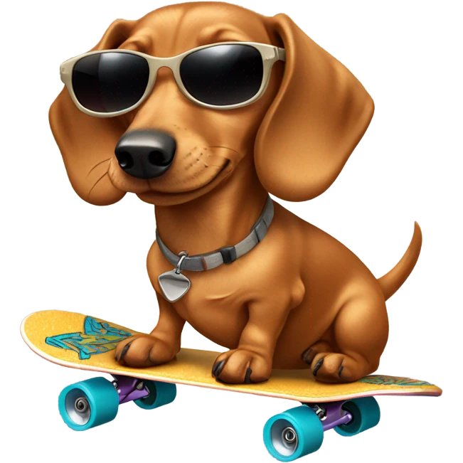 light brown dachshund on a skateboard wearing sunglasses with tongue out emoji