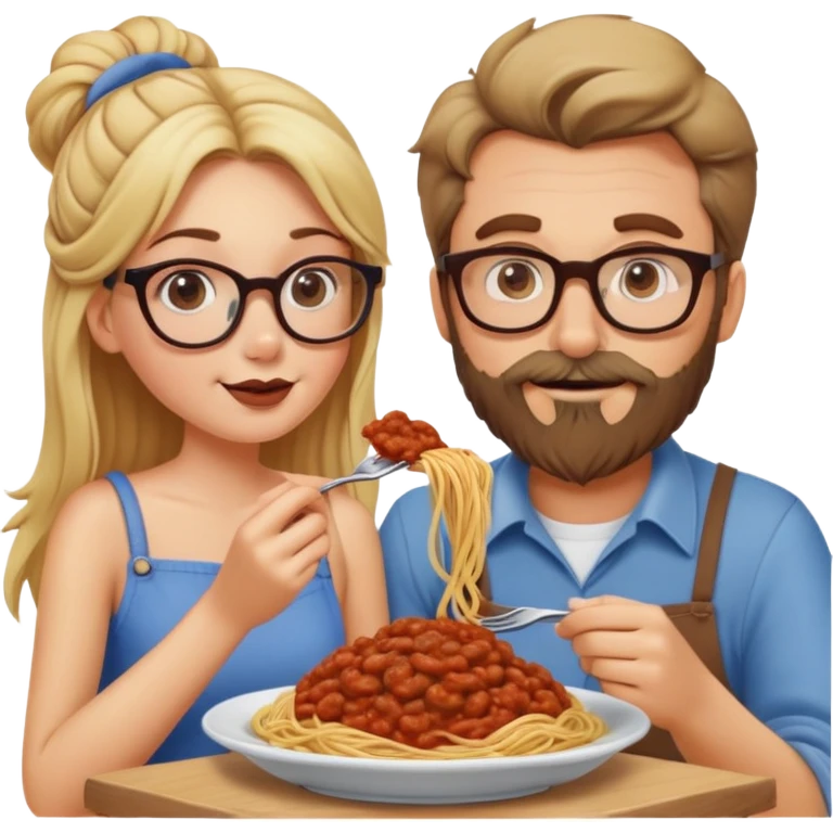 Blonde Caucasian girl eating spaghetti lady and the tramp style with Caucasian man with brown hair and beard wearing glasses emoji