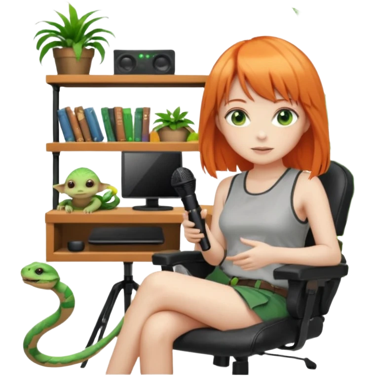 An ASMR streamer with orange hair, bangs, green eyes, and a microphone in front of her. Her room is dimly lit with pink light. She's sitting in a gaming chair with "Serappu" written on it. Behind her is a snake plant. On the shelf next to the plant are Baby Yoda and Gandalf toys. emoji