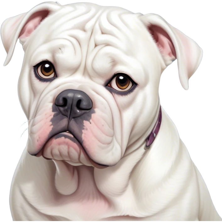 Cinematic Grumpy White American Bulldog Portrait Emoji, Head tilted slightly with a deeply unimpressed expression, thick white fur with a slight wrinkling around the jowls and brow, large, droopy eyes narrowed into an unamused glare, jowls slightly sagging in exasperation, Simplified yet comically expressive features, highly detailed, glowing with a dry, sarcastic glow, high shine, effortlessly judgmental yet dignified, stylized with a touch of cynicism, bright but brooding, soft glowing outline, capturing the essence of an eternally unimpressed yet endearing pup, so lifelike it feels like it could sigh heavily at you in disdain at any moment! emoji