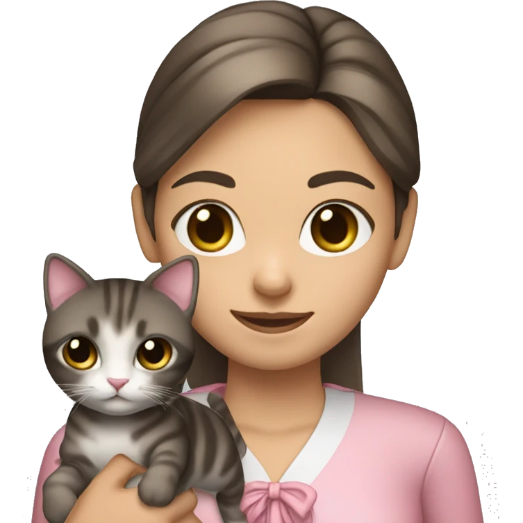 Brunette girl with straight hair in a pink blouse, holding a gray, striped, brown-eyed cat with a bow in her arms emoji