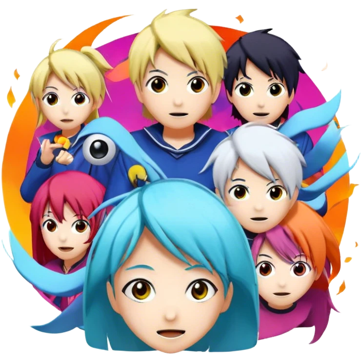 Icon for Anime: vibrant, dynamic scene with anime characters in action, featuring exaggerated expressions and colorful backgrounds. The design should reflect the distinct, energetic style of anime, with iconic eyes and unique visual elements. Transparent background. emoji