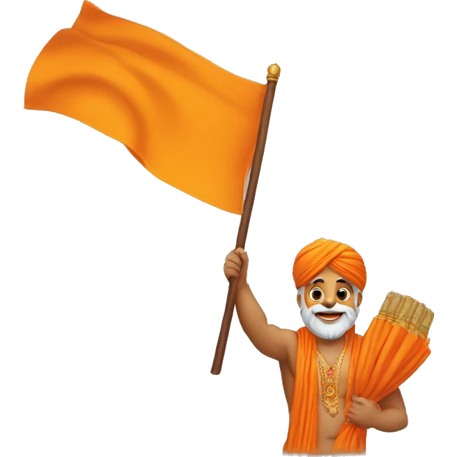 hindu guy having a saffron flag in hand, saying jai shri ram with joy  emoji