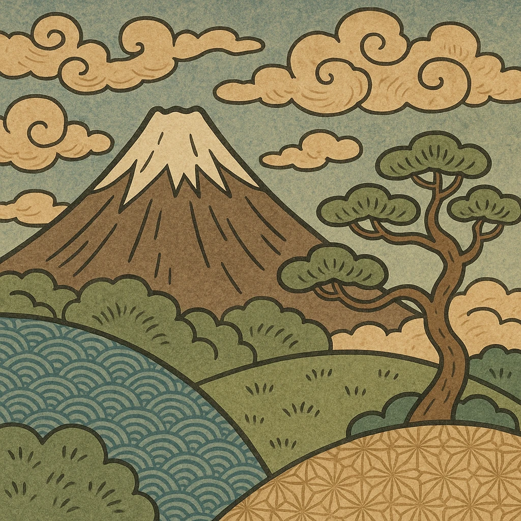 Mount Fuji with clouds, ukiyo-e style illustration emoji