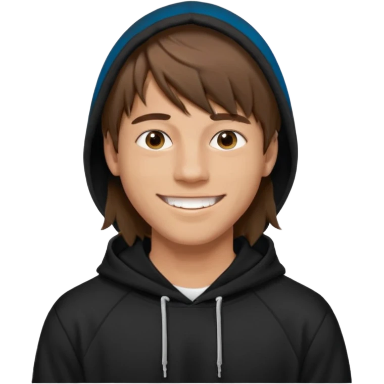 20 yr old man, brown hair, straight, big smile, white teeth, tanned skin, bangs, black hooded sweatshirt, long hair in back, center-parted bangs emoji
