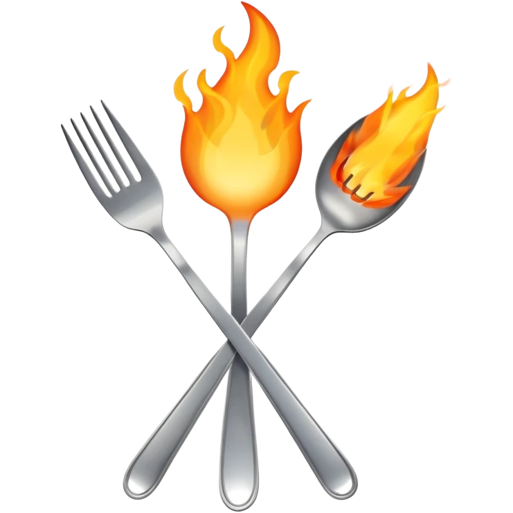 burning spoon fork and knife crossed together, kitchen utensils on fire with flames emoji