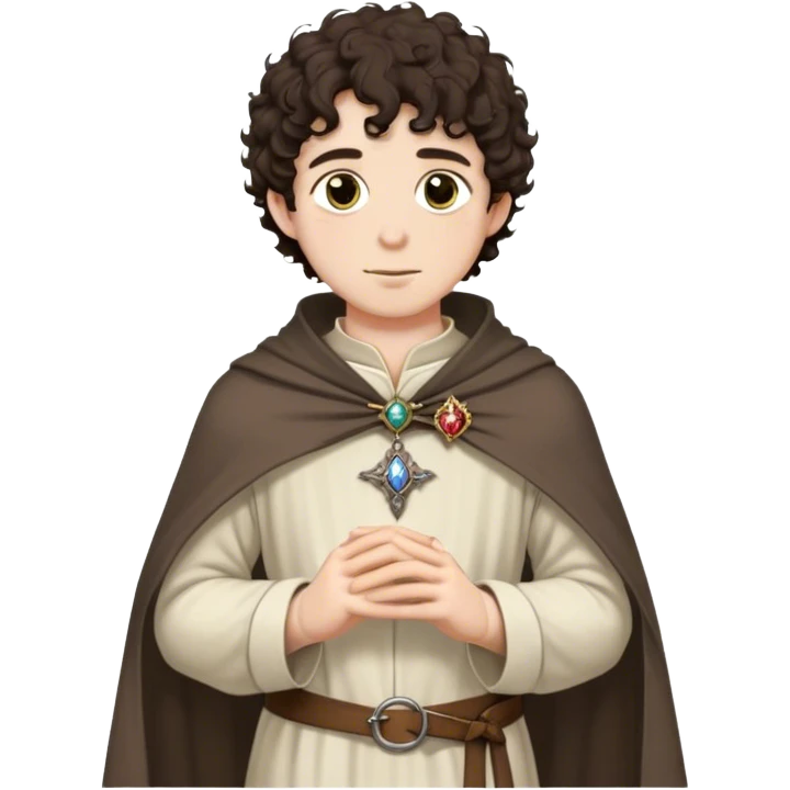 medieval spring outfit worn by a DnD themed fantasy male character. thin wool tunic with a light cloak draped over one shoulder, secured by a wooden brooch. clothes only above the waist. The clothes full waist. The character's haven't arms. character is white-skinned, dark brown hair, hazel eyes, short curly hair. emoji