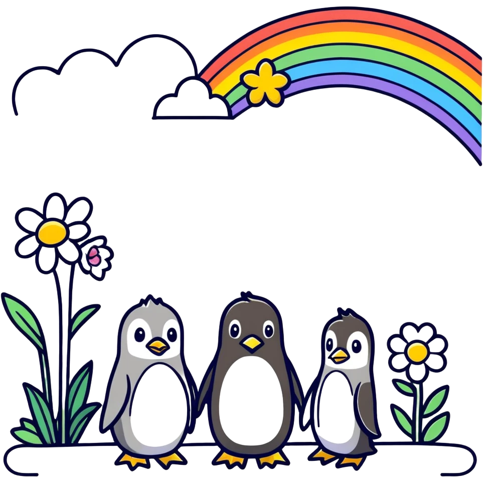A rainbow pencil with flowers and penguins emoji