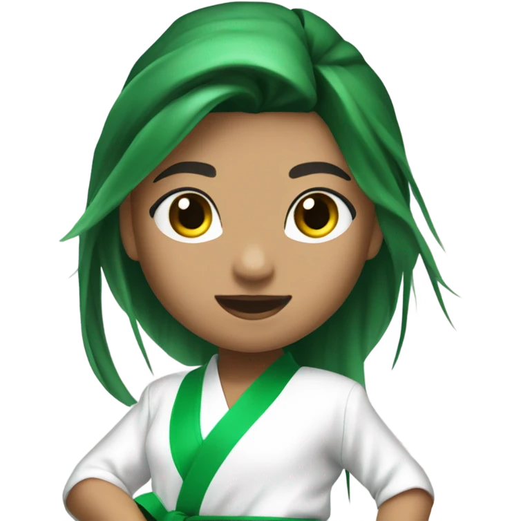 morena skin girl with a karate green belt and one leg kicking very high long hair emoji