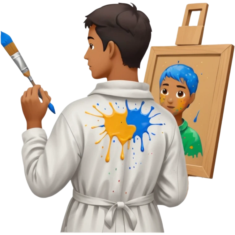 the artist stands with his back to the painting, painting a portrait emoji