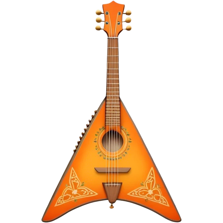 Create a vibrant and traditional emoji representing a three-stringed balalaika 'Prima.' The design should feature the characteristic triangular body of the balalaika with its three strings and visible tuning pegs. The woodwork should be simple yet elegant, reflecting the traditional Russian craftsmanship. Add subtle musical notes around the instrument to symbolize its cultural sound. Use rich, warm colors like natural wood tones, orange, and gold accents to convey its authenticity and musical heritage. The background should be transparent. emoji