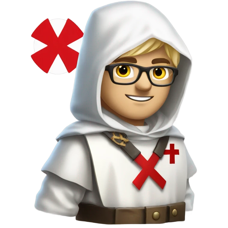 blond haired Masonic knight Templar wearing glasses and a white tunic with a Red Cross on the front and a white mantle with a hood with a Red Cross on the left side and a male face  and holding a sword. emoji