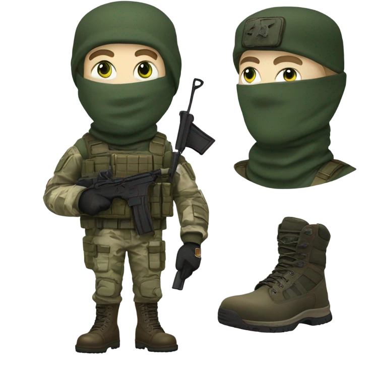 white male, pale skin, tall, call of duty Logan mask, green camo tactical gear, combat boots, beanie, hazel eyes emoji