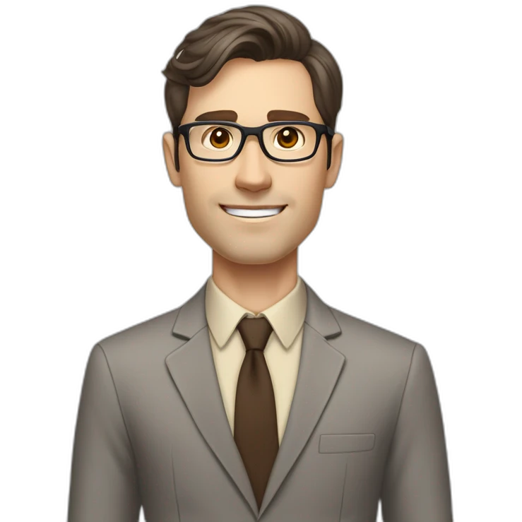 Pale skinned fit man with dark brown hair in gray jacket, beige office shirt, brown tie, brown pants and vintage glasses Writing text on a marker board emoji