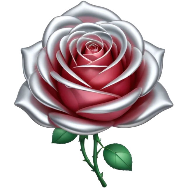 A rose emoji made of liquid silver metal, smooth metallic petals, reflective chrome surface, soft gradients, elegant shape, minimalistic iOS emoji style, centered, clean white background, realistic highlights, no text emoji