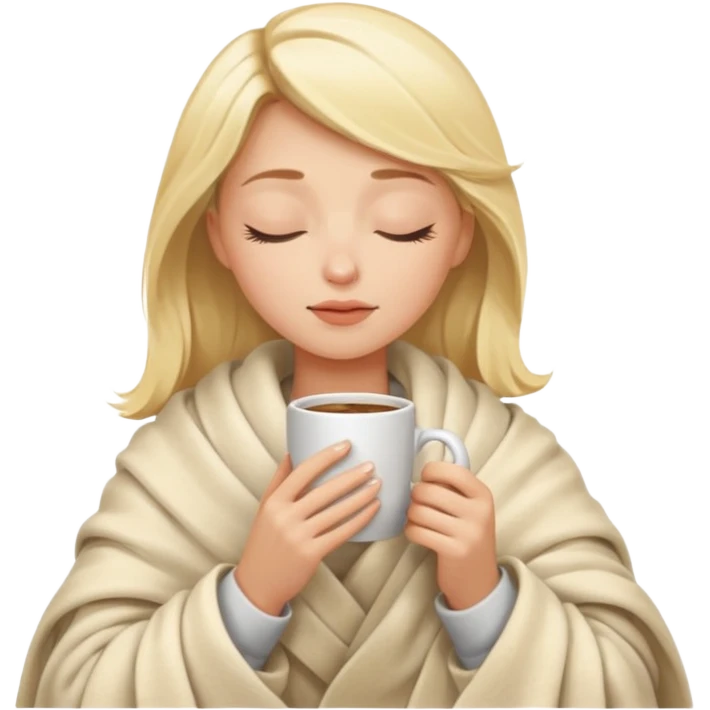 Blonde girl inside a blanket sipping coffee eyes closed emoji