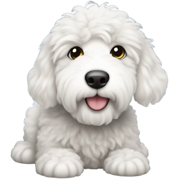 Create an emoji of a sheepadoodle puppy iith bright  wide open eyes emoji