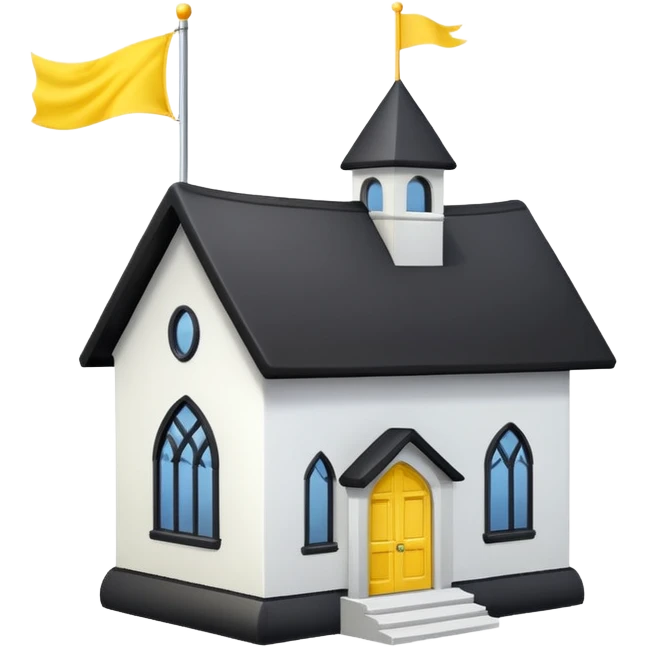 simple magic school, low detail, white background, magic school, black roof, with a big flag, big flag on a roof, big yellow flag, white school emoji
