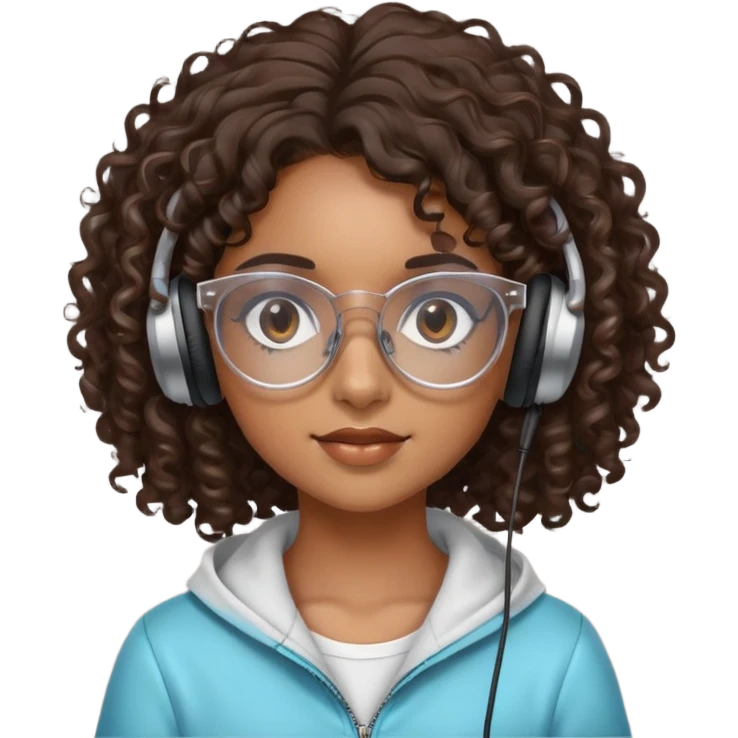 Chica morena con cabello crespo, con lentes transparentes y que tenga los ojos cafés oscuro. Y con unos audífonos en las manos. emoji