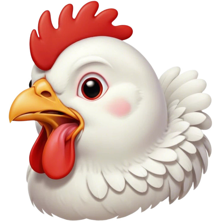 Cinematic Cute Yawning White Chicken Portrait Emoji, Head tilted slightly with a dramatic, wide-open yawn, showcasing a soft, fluffy white plumage with a crisp red comb and drooping wings, round beady eyes barely open in drowsy contentment, Simplified yet irresistibly adorable features, highly detailed, glowing with a soft, cozy glow, high shine, relaxed yet expressive, stylized with a touch of whimsy, bright and endearing, soft glowing outline, capturing the essence of a sleepy yet affectionate chicken, so drowsy it feels like it could stretch out of the screen and curl up for a nap! emoji