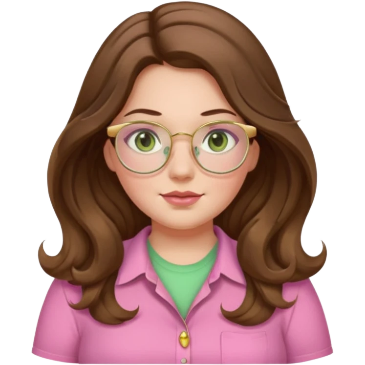 Girl girl long wavy brown hair with middle part, pale green eyes, plus size, pink shirt, gold rimmed glasses emoji